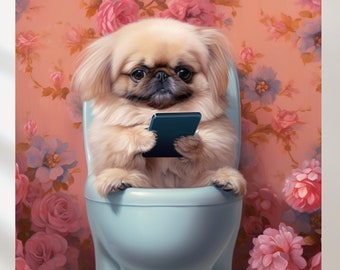 7 Pekingese Shabby Chic Style Sitting on Toilet Vintage Decor Oil Painting Bathroom Decor