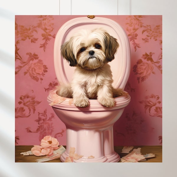 5 Shih Tzu Sitting on the Toilet Shabby Chic Oil Painting Bathroom Decor Vintage