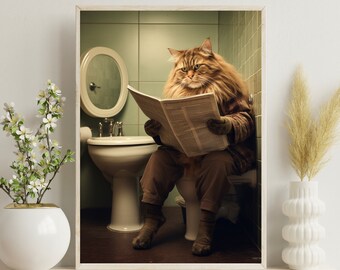 Cat Sitting on the Toilet Reading a Newspaper, Funny Bathroom Decor, Funny and Quirky Animal Print, AI Home Prints, Digital Art