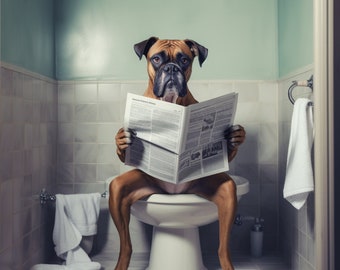 4 Boxer, Boxer Dog Sitting on the Toilet and Reading the Newspaper, Fun Bathroom Wall Decor, Fun and Quirky Animal Prints