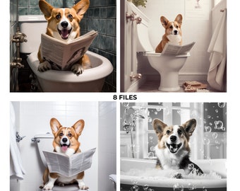 8 Corgi Pembroke Welsh Corgi sitting on the toilet, Corgi reading a newspaper on the toilet, Bathroom decor