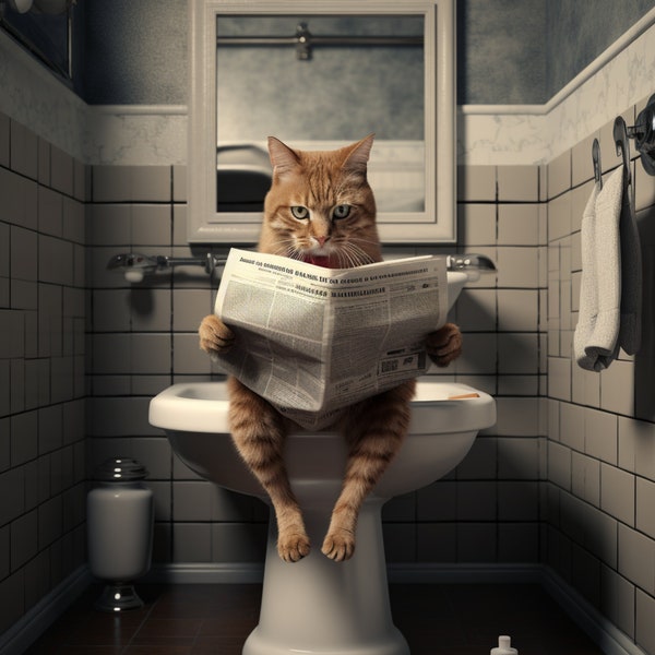 3 Cat Sitting on the Toilet Reading a Newspaper, Funny Bathroom Decor, Funny and Quirky Animal Print, AI Home Prints, Digital Art