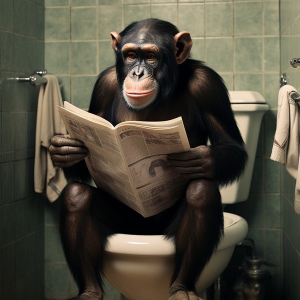 3 Monkey Sitting on the Toilet Reading a Newspaper, Funny Bathroom Wall Decor, Funny & Quirky Animal Print, Home Printables, AI Digital Art