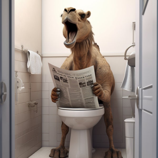 A camel sits on the toilet and reads a newspaper. Fun wall decor in the bathroom. Fun and unusual animal prints. Home prints. AI Digital Art