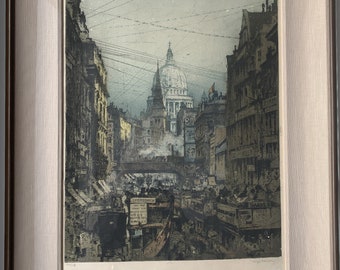 Earliest known Luigi Kasimir color etching of “Fleet Street London” circa 1924