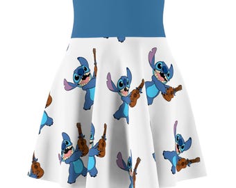【WONDER WONDER】Ricky Stitch Juri Training Long Skirt Stitch W/ Guitar (lilo and Stitch) Women's Skater Skirt (AOP