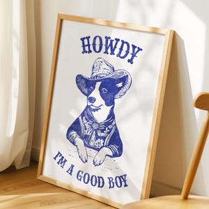 Retro Western Toile Print, Chinoiserie Hundebesitzer Geschenk Wandkunst, Cowboy Wohnheim Dekor, blau weiß Howdy Poster, SOFORTIGER digitaler Download