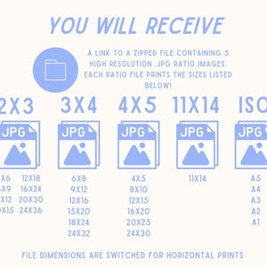 May include: A light blue graphic with the text "YOU WILL RECEIVE" and print size options. The image shows file sizes in inches for 2x3, 3x4, 4x5, 11x14, and ISO ratios, with corresponding print dimensions.