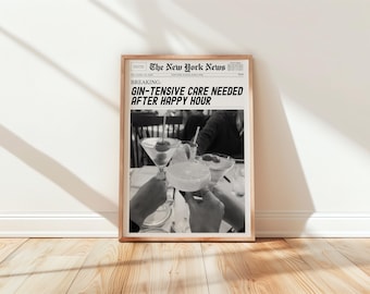 Trendy Newspaper Martini Print, INSTANT Digital Download, Alcohol Poster Bar Cart Art, New York Times Headline Decor, Retro Gift for Friend