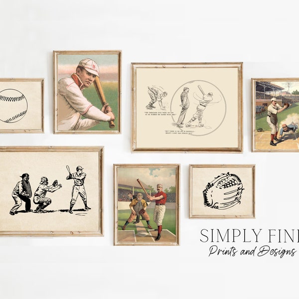 Ensemble d'impression de baseball, téléchargement numérique instantané, décoration de chambre de garçons, impression de carte de baseball vintage, chambre de bébé antique pour garçons, lot de cadeaux de sport pour enfants