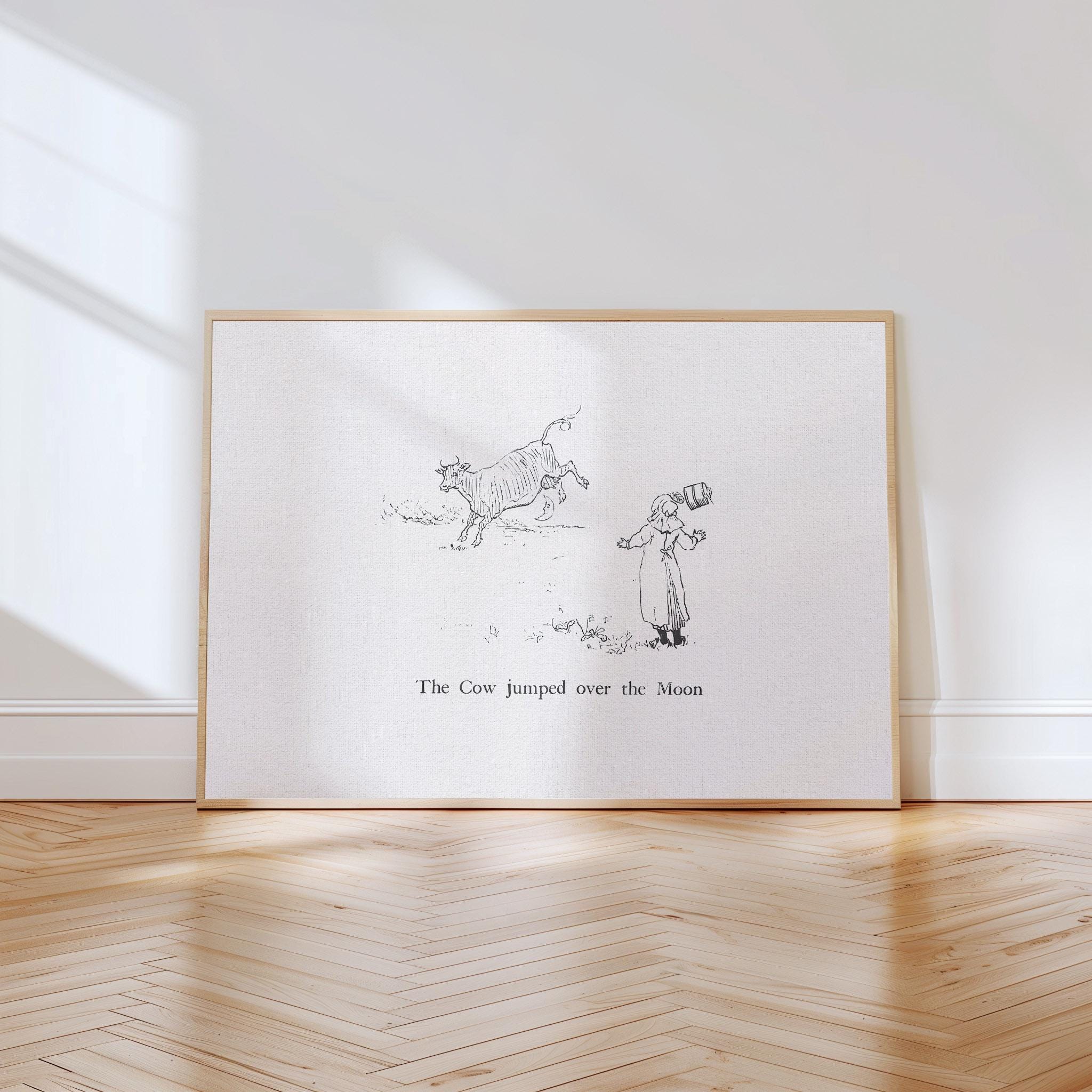 Vintage Cow Jumped Over the Moon Print, Highland Cow Nursery Art, INSTANT Digital Download, Classic Farm Nursery Decor, Baby Shower Gift