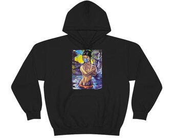 Puede incluir: Sudadera con capucha negra con una ilustración colorida de una persona con una máscara facial de pie en el agua. La ilustración está rodeada de un fondo morado, azul y verde.