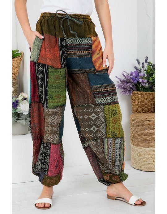 Plain & Striped Boho Patch Pants Multi Color With Threadwork Unisex  Patchwork 100% Cotton Harem Pant Trendy Bohemian Yoga Gypsy Handmade  Trousers - VTrendz