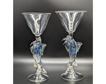 2 Iridescent Fish Stem Wine Glasses Art Glass Signed Salmon Or Trout