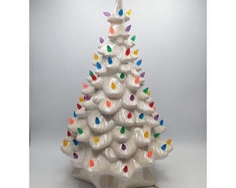 Vintage 1970's Ceramic Mold CHRISTMAS TREE 18.25" Iridescent Pearl White Lighted