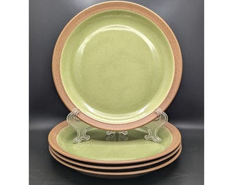 4 Dansk BLT Pottery Plates Green w/ Brown Speckled Rims 10-3/8"