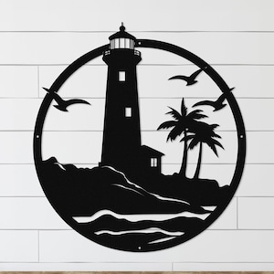 Tropical Lighthouse Metal Wall Art: Coastal Beach House Decor