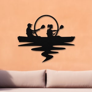 Die-Cut Circular Metal Wall Art Happy Couple Kayaking at Sunset. Indoor/Outdoor Great Gift Outdoor Nature Enthusiast, Adventure Time Art