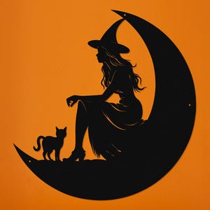 Elegant Metal Witch With Her Cat On The Moon Mystical Gift For Halloween Or Witch, Wicca Fans. Halloween Decor, Die-Cut Metal Wall Art Sign