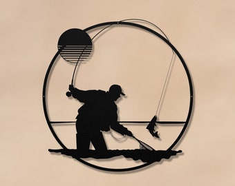 Fly Fishing Metal Art shows a fisherman with his fly reel and fishing rod landing a trout. Unique fishing sign is a great fly fishing gift.