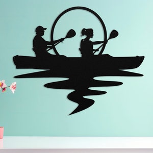 Die-Cut Circular Metal Wall Art Happy Couple Kayaking at Sunset. Indoor/Outdoor Great Gift Outdoor Nature Enthusiast, Adventure Time Art