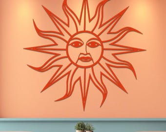 Décoration murale en métal visage soleil, cadeau pour amoureux de la nature intérieur/extérieur, style sud-ouest, signe astrologique en métal découpé au laser - Here Comes the Sun - oeuvre d'art murale soleil en métal