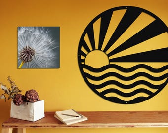 Sun and Sea Metal Wall Art, Laser Cut Metal Ocean Scene Sign, Mid Century Modern Ocean Scene, Indoor Outdoor Coastal Home Decor, Ocean Lover