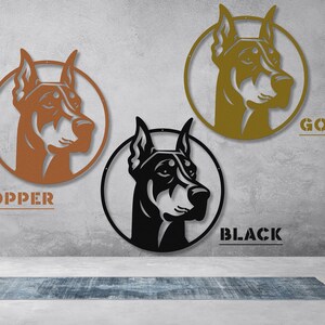 May include: Three metal wall decor pieces featuring a Doberman Pinscher silhouette. The pieces are in copper, gold, and black.
