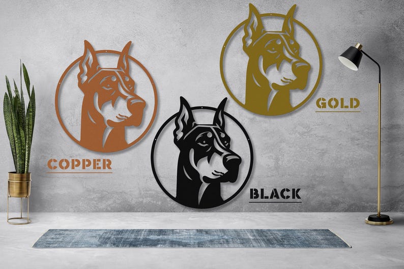 May include: Three metal wall decor pieces featuring a Doberman Pinscher silhouette. The pieces are in copper, gold, and black.
