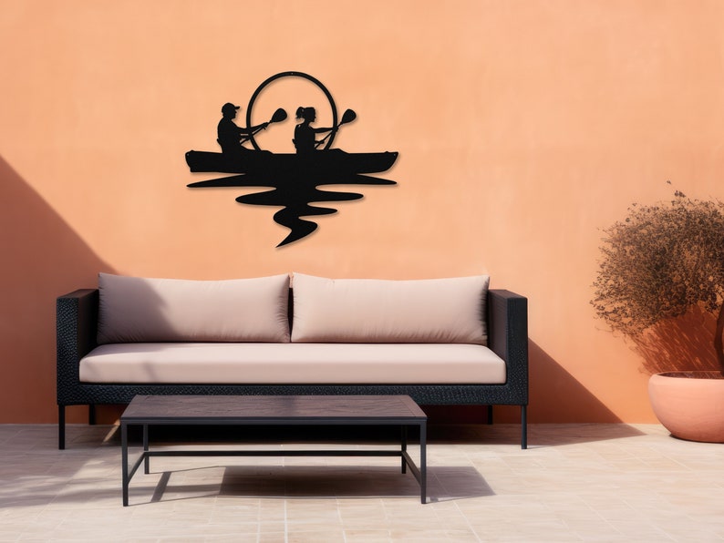 Die-Cut Circular Metal Wall Art Happy Couple Kayaking at Sunset. Indoor/Outdoor Great Gift Outdoor Nature Enthusiast, Adventure Time Art