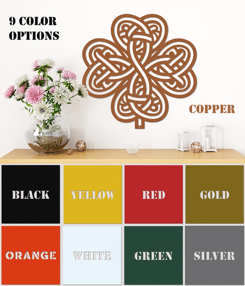 Celtic Shamrock Knot Metal Wall Art-Laser Cut Metal Shamrock Indoor - Outdoor Sign-Irish or Scottish Folk Art Gift-Traditional Celtic Art. Available in 9 vibrant colors.