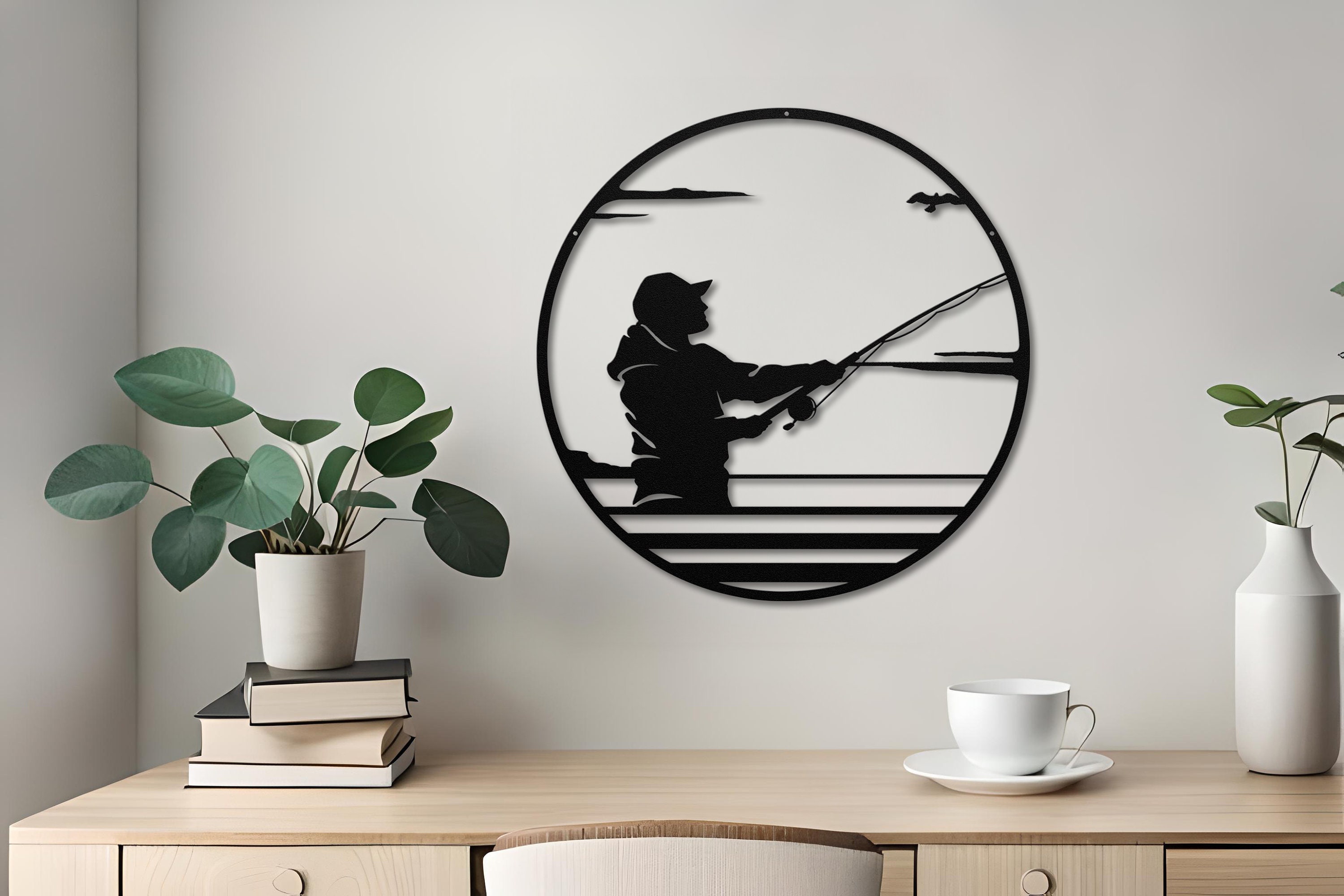 Circular Metal Wall Art Fisherman in the Surf Outdoor Sports Etsy