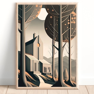 Könnte beinhalten: Eine digitale Illustration eines Holzhauses mit einem großen Fenster und einem Weg, der dorthin führt. Das Haus ist von Bäumen mit braunen und orangefarbenen Blättern umgeben. Der Hintergrund ist ein hellblauer Himmel mit einer weißen Sonne.