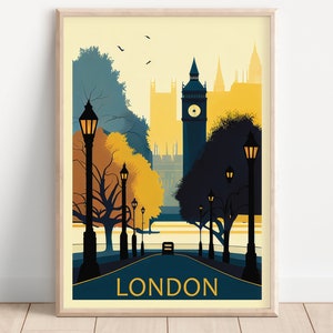 Cartel de viaje de Londres Retro Look, arte de pared imprimible, descarga digital instantánea, 5 tamaños de archivo JPEG, 1-007
