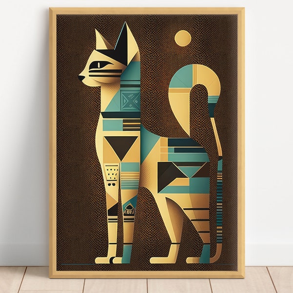 Stylized Egyptian Cat Art, Printable Wall Art, Instant Digital Download, 5 JPEG File sizes, 7-002