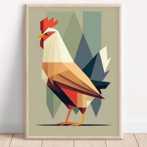 May include: Geometric illustration of a rooster in shades of red, orange, brown, white, and blue against a green and gray background.