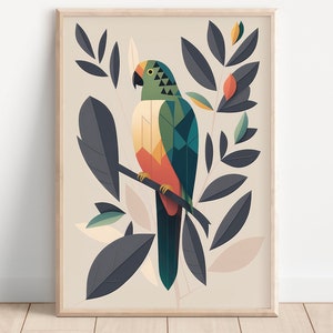 May include: A colorful geometric illustration of a parrot perched on a branch with stylized leaves in shades of green, blue, and brown.