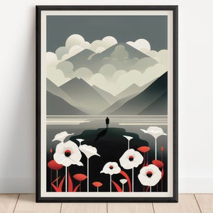 Poppies and Mountains in the Clouds, Printable Wall Art, Instant Digital Download, 5 JPEG File sizes, 2-001