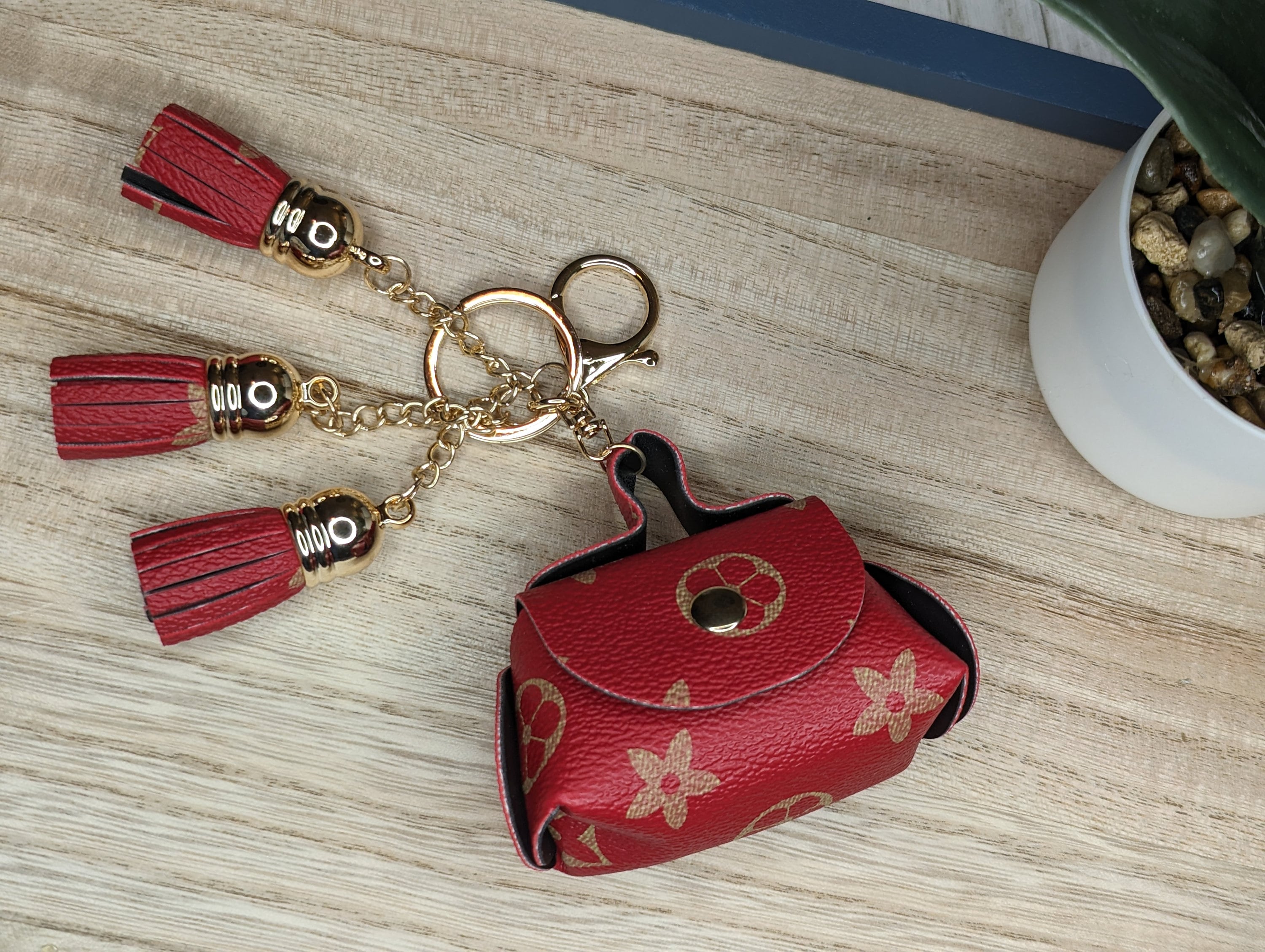 Red Leather Airpods Holder Coin Purse Keychain Tassel 