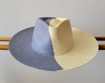 Genuine Hand Woven Panama Hat, two tone (light steel blue/natural), teardrop straw hat