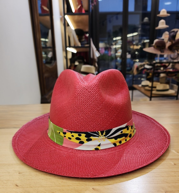 Genuine Hand Woven Panama Hat, Classic Red Fedora 2.3 Inch  display picture 3