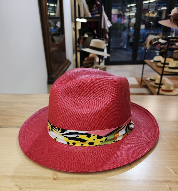 Genuine Hand Woven Panama Hat, Classic Red Fedora 2.3 Inch  display picture 2
