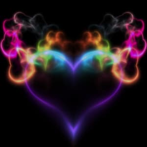 Könnte beinhalten: Ein leuchtendes Herz vor schwarzem Hintergrund. Das Herz ist in leuchtendem Lila umrandet, mit farbenfrohen, wirbelnden Akzenten in Pink, Orange, Gelb, Grün und Blau, die einen Neon-Effekt erzeugen.