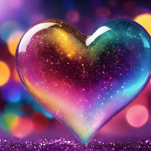 May include: A heart-shaped glass ornament with a rainbow glitter effect. The ornament is surrounded by a bokeh of colorful lights.