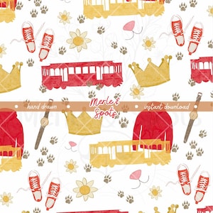 May include: A repeating pattern featuring red cable cars, yellow crowns, red trainers, red hoodies, wristwatches, flowers, and animal paw prints on a white background. The text "Merle & Spots" and "hand drawn instant download" is overlaid.