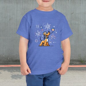 American Pluto Inspired Tee, Dog Loving Kids Shirt, Fireworks Balloon Cartoon Dog , Toddler Short Sleeve T-Shirt, Independence Day Outfit