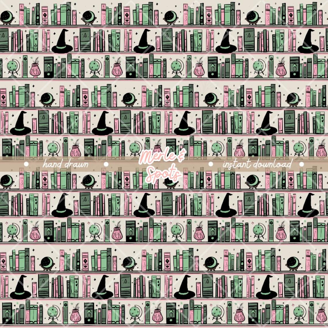 Wicked Witch Bookshelf Seamless Pattern: Halloween PNG (digital ...