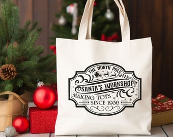 Santa's Workshop Tote Bag, Vintage Christmas Bag, Christmas Gift bag, Canvas Tote Bag, Hostess Gift, Eco Friendly Bag, Shopping Bag