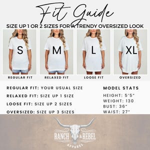 May include: A white t-shirt fit guide featuring four images of a model wearing sizes S, M, L, and XL. Text includes Fit Guide, Size up 1 or 2 sizes for a trendy oversized look, fit descriptions, and model stats: height 5'5", weight 130, bust 36", waist 27".