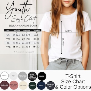 May include: A white t-shirt size chart for Bella + Canvas 3001Y featuring a table with width and length measurements in inches for sizes YS to YXL. Below the chart are eleven circular color swatches labeled white, ash, athletic heather, dark grey heather, black, maroon, heather mauve, natural, forest, navy, and heather navy.